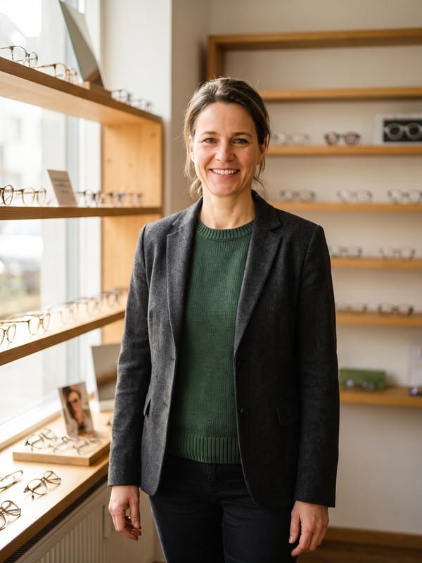 Carola Steinbach, Augenoptikermeisterin, in ihrem Fachgeschäft in Germering